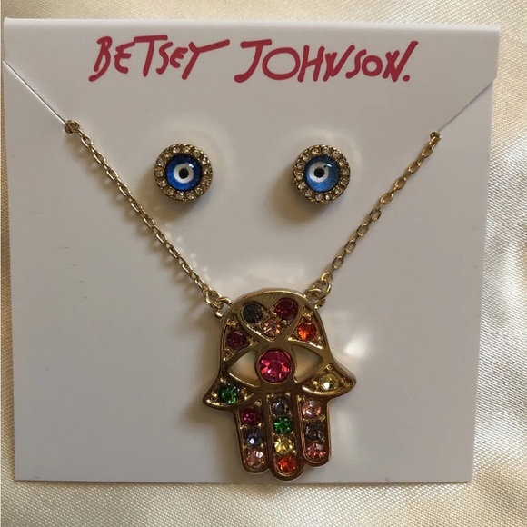 Betsey Johnson Gold Tone Hamsa Hand Pendant Necklace + Evil Eye Stud Earrings - Picture 4 of 11
